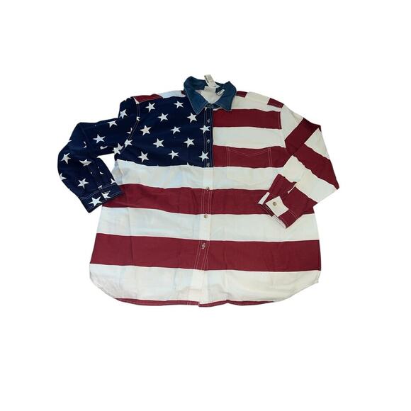 Vintage inspo USA Flag Button Down Patriotic Stars & Stripes Denim Collar sz 1X - Picture 5 of 6
